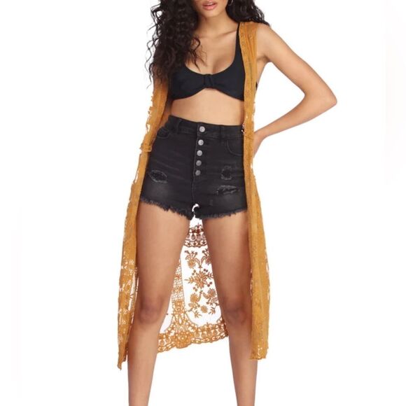 EUC Golden Mustard Windsor sleeveless cardigan small Bohemian Beauty Lace - Picture 3 of 6